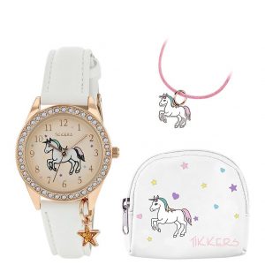 selling tikkers gold unicorn dial white leather strap watch with purse and necklace kids gift set 5efae363b324f
