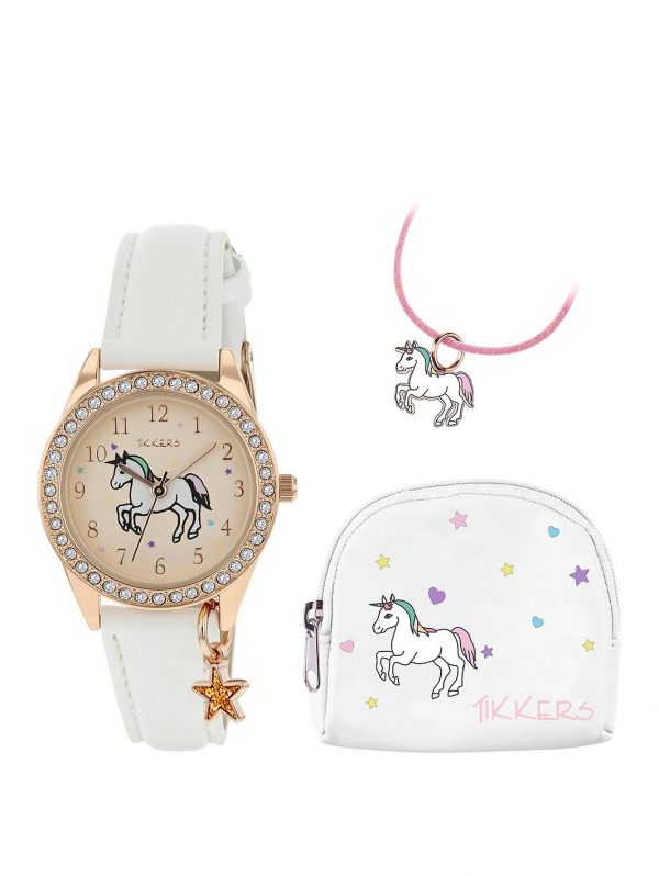 selling tikkers gold unicorn dial white leather strap watch with purse and necklace kids gift set 5efae363b324f