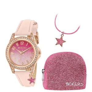 selling tikkers pink glitter dial pink leather strap watch with purse and necklace kids gift set 5efae4a51acf2