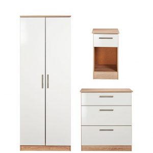 buy montreal gloss 3 piece ready assembled package 2 door wardrobe 3 drawer chest and bedside table 5f17bbde0ff2d