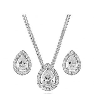 buy silver cubic zirconia pear halo pendant and stud earring set 5f21a43167543
