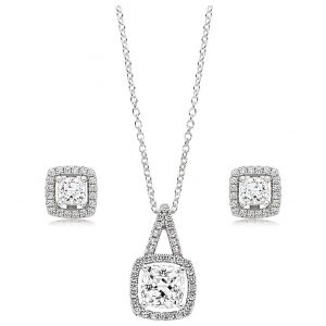 buy silver cubic zirconia square halo pendant and earrings set 5f1869577b7d1