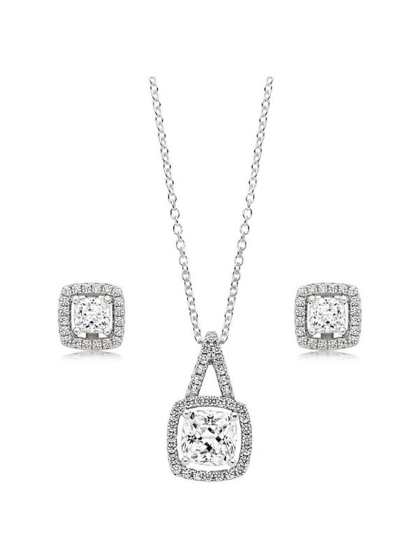 buy silver cubic zirconia square halo pendant and earrings set 5f1869577b7d1