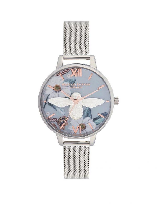 selling olivia burton bejewelled floarals 3d bee floral dial silver mesh watch 5f044c04ed8f3