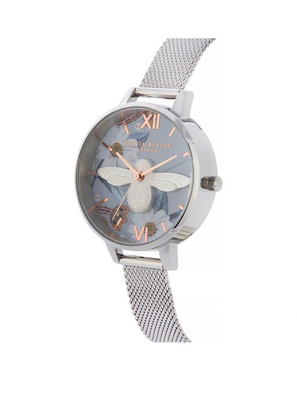 selling olivia burton bejewelled floarals 3d bee floral dial silver mesh watch 5f044c0592b13
