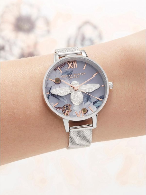 selling olivia burton bejewelled floarals 3d bee floral dial silver mesh watch 5f044c064b19c