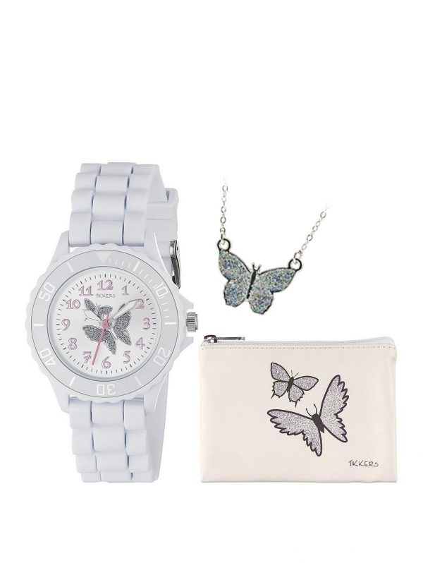 selling tikkers silver butterfly dial white silicone strap watch with purse and necklace kids gift set 5efed9e21b47a