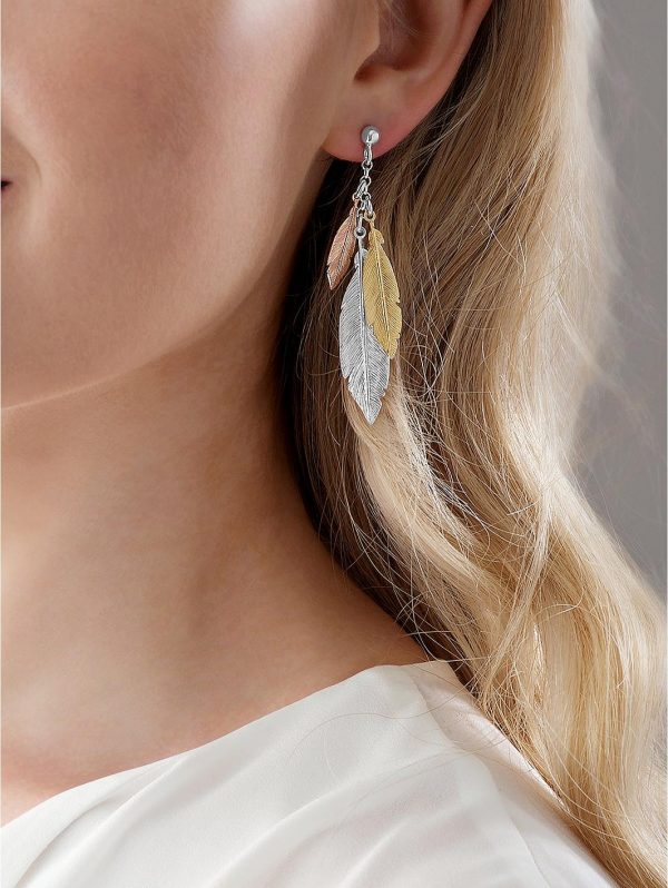 buy silver three colour gold plated feather drop earrings 5f3540031252a