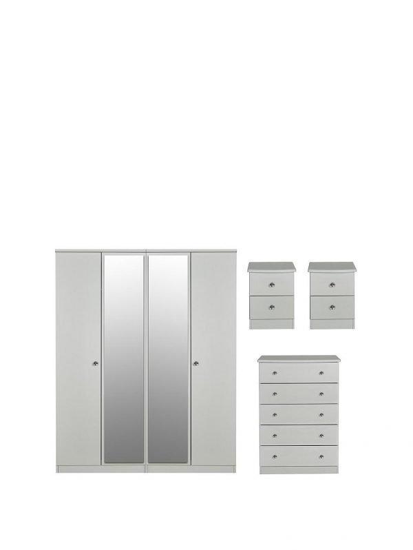 buy verve part assembled 4 piece package 4 door mirrored wardrobe 5 drawer chest and 2 bedside chests 5f375f9f8b98e