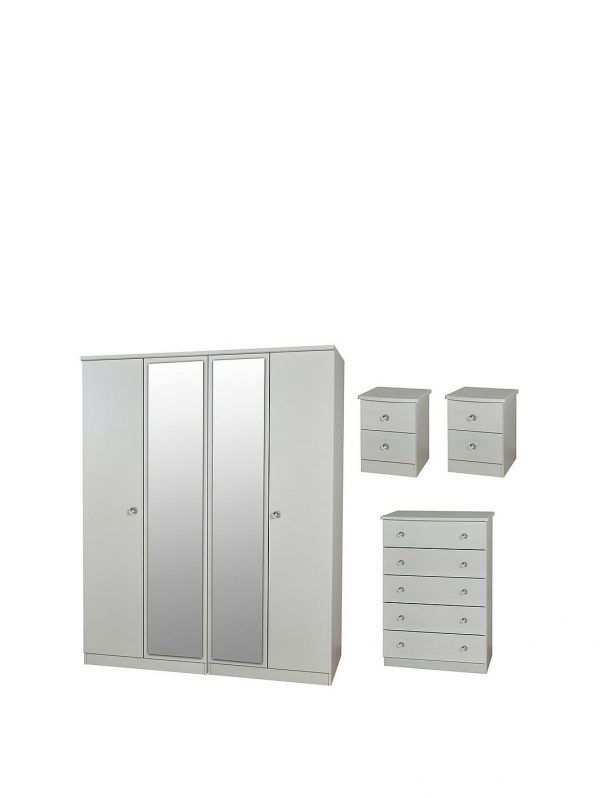 buy verve part assembled 4 piece package 4 door mirrored wardrobe 5 drawer chest and 2 bedside chests 5f375fa1c28f2