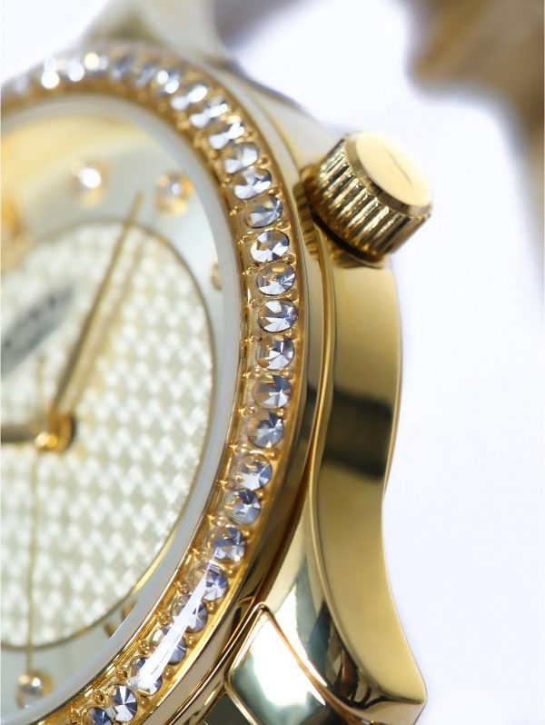 selling exclusive textured champagne swarovski set dial gold stainless steel bracelet ladies watch 5f38d8c11f830