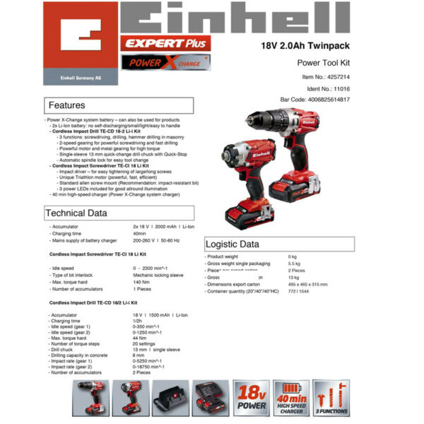 selling einhell pxc 18v cordless combi drill impact driver twin pack 2 x 2 0ah 5fe6d75cf2f02